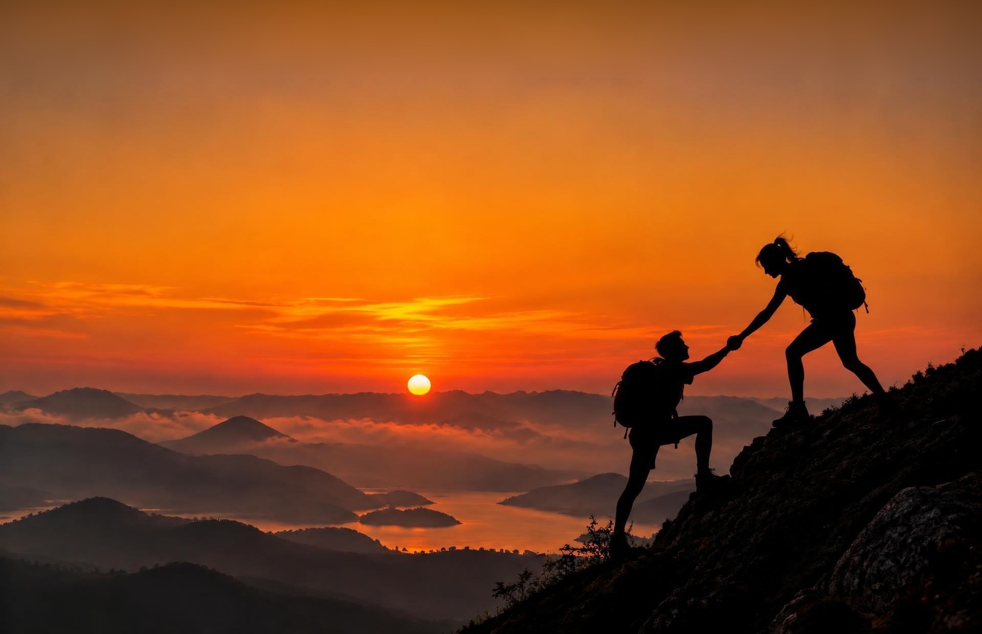 Two hikers helping each other up a mountain at sunset